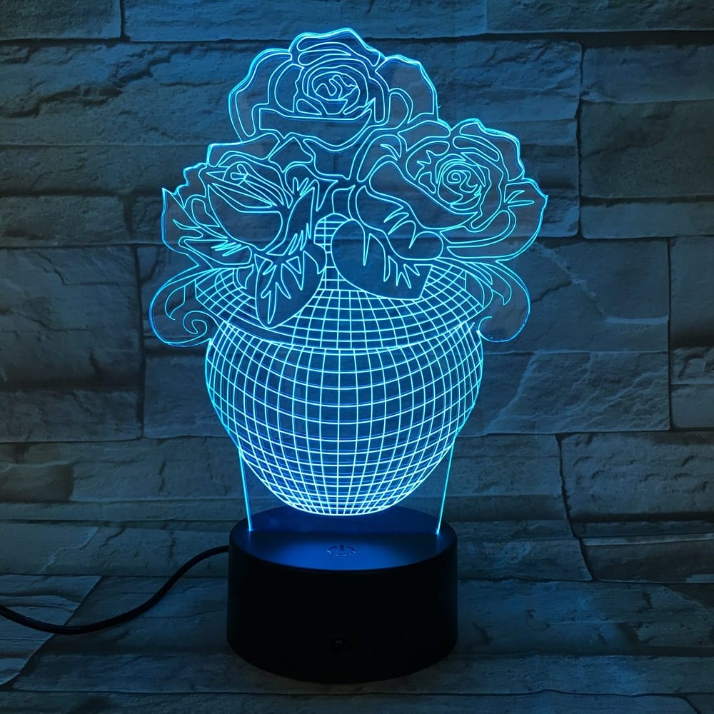 Laser Cut Roses In Vase 3D Acrylic Night Light