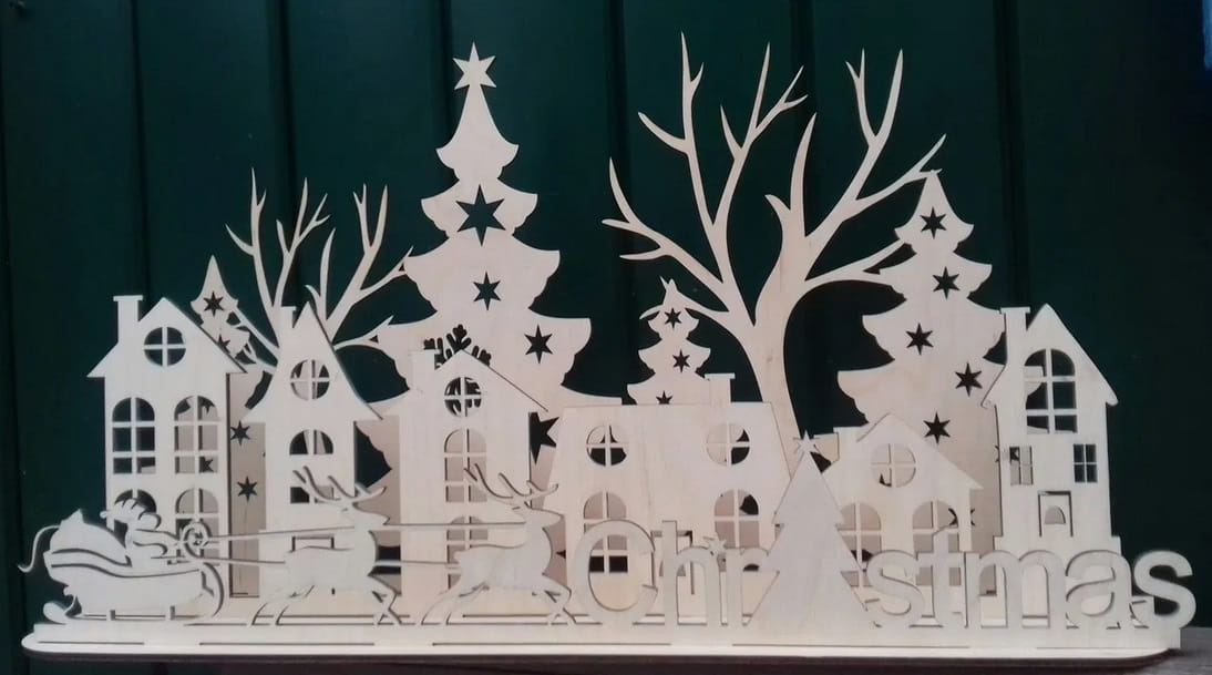 Laser Cut Christmas Scene Village House Decor Stand