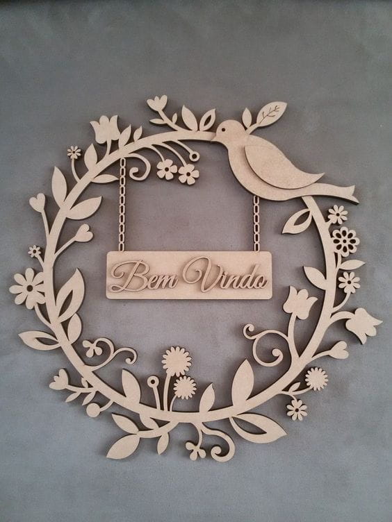 Laser Cut Personalized Floral Wreath With Bird