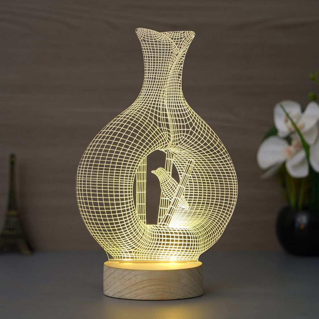 Laser Cut Vase and Bird 3D Acrylic Hologram Night Lamp