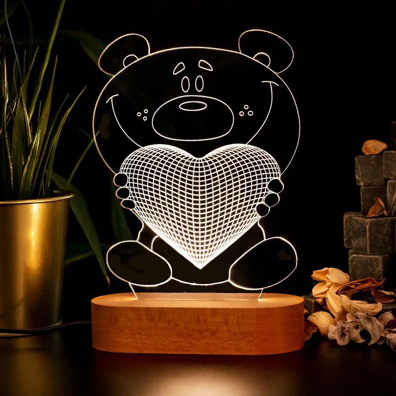 Laser Cut Cute Teddy Bear Holding Heart 3D LED Lamp