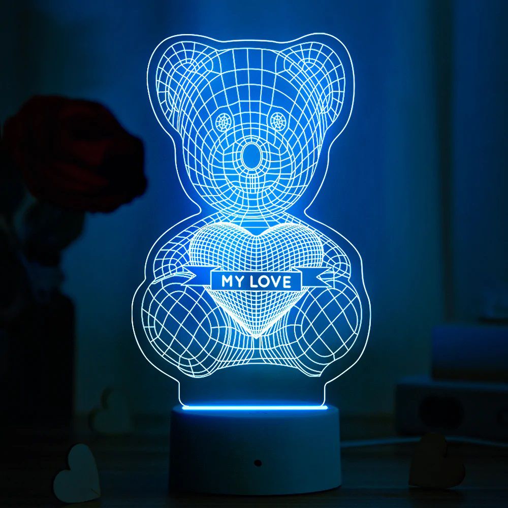 Laser Cut Personalised Teddy Bear With Love Heart 3D Acrylic Lamp