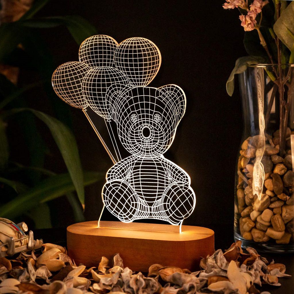 Laser Cut Teddy Bear with Balloons 3D Illusion Lamp