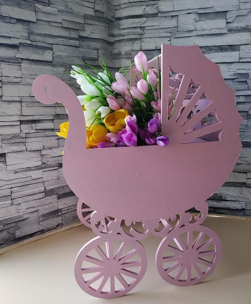 Laser Cut Baby Carriage Flower Basket