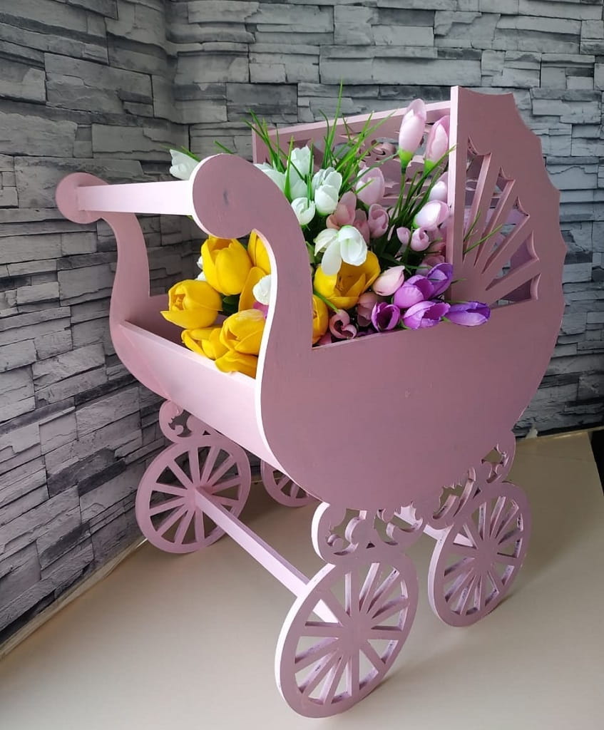 Laser Cut Baby Carriage Flower Basket