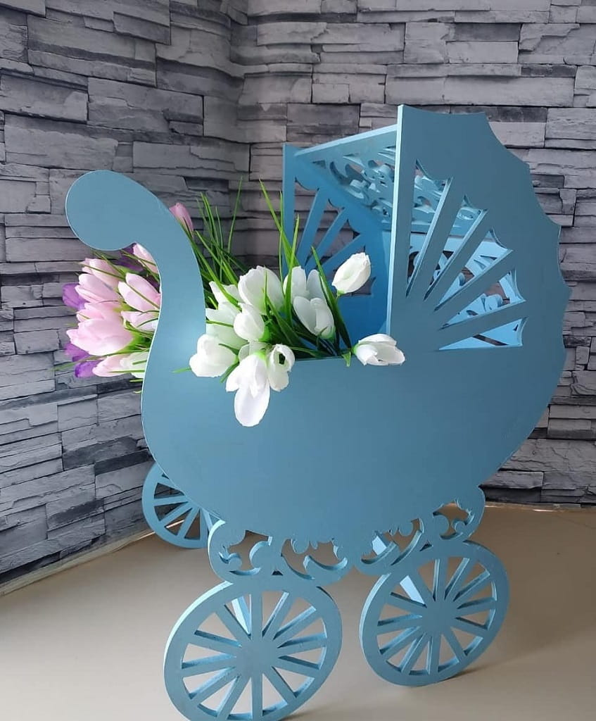 Laser Cut Baby Carriage Flower Basket
