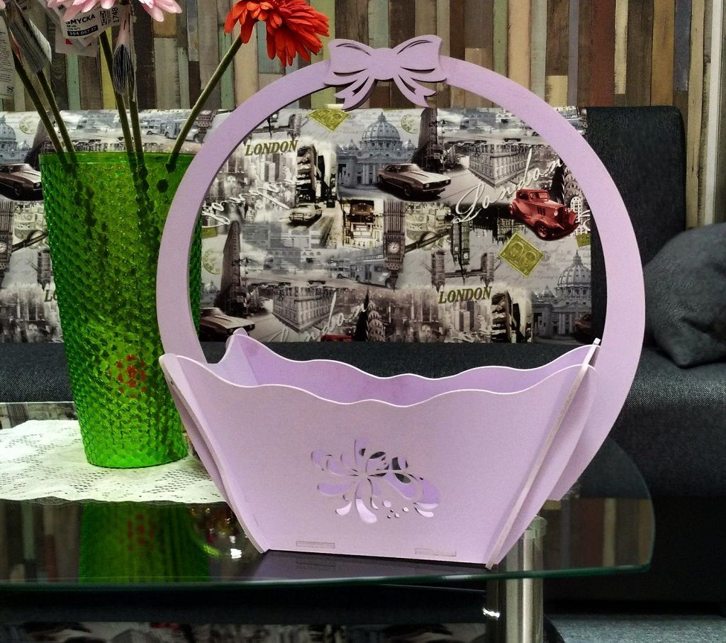 Laser Cut Wavy Flower Basket With Ribbon Bow Handle