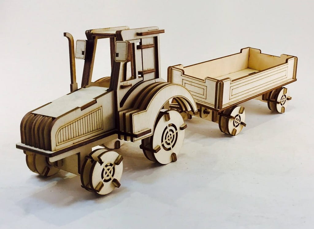 Laser Cut Farm Tractor With Cart 3D Wood Puzzle