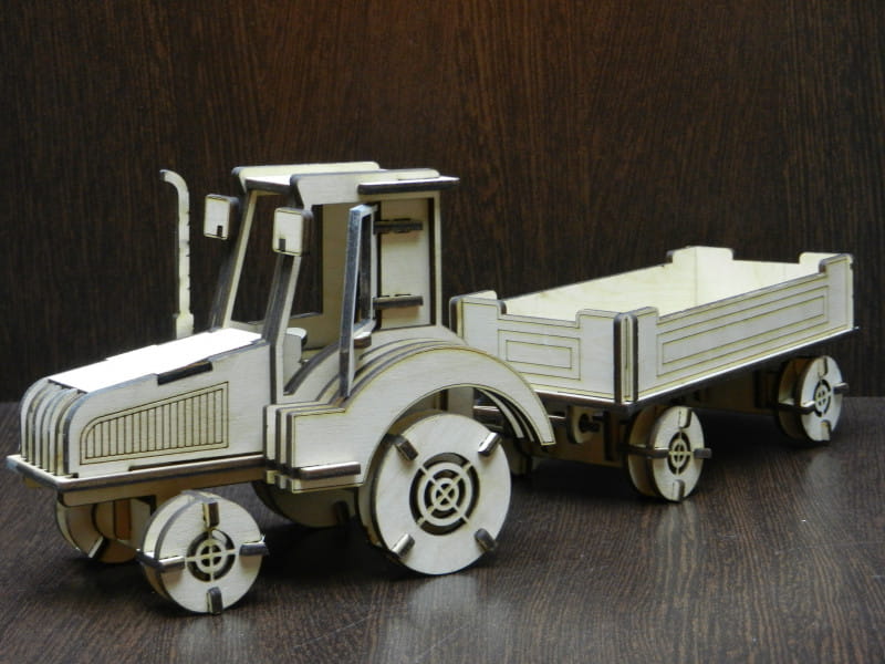 Laser Cut Farm Tractor With Cart 3D Wood Puzzle