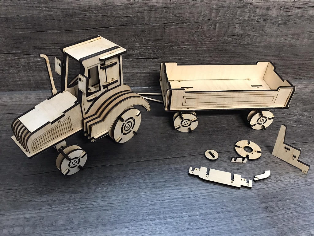 Laser Cut Farm Tractor With Cart 3D Wood Puzzle