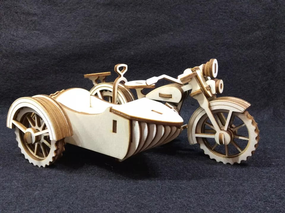 Laser Cut Wooden Motorcycle and Sidecar 3D Model Puzzle Kit
