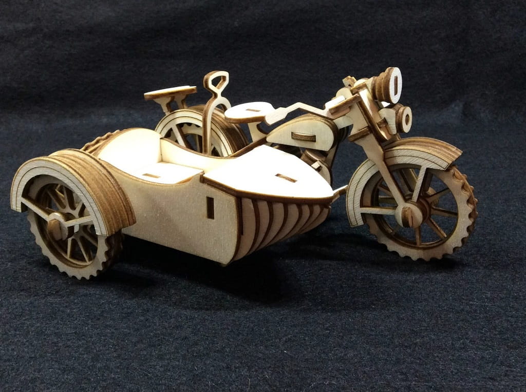 Laser Cut Wooden Motorcycle and Sidecar 3D Model Puzzle Kit