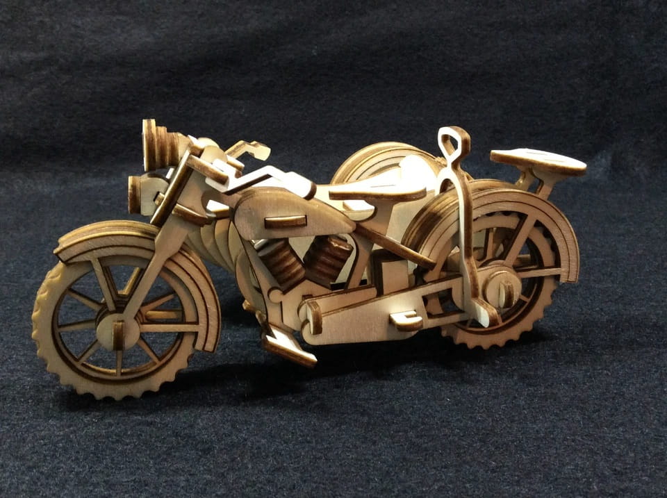 Laser Cut Wooden Motorcycle and Sidecar 3D Model Puzzle Kit