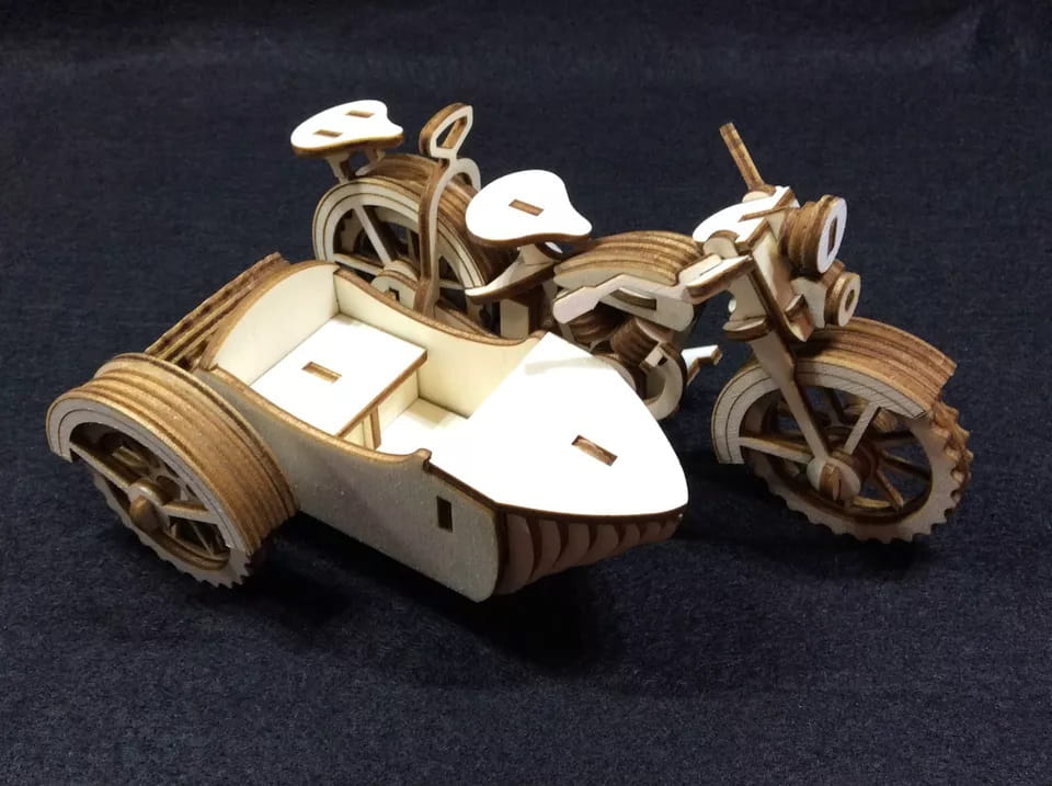 Laser Cut Wooden Motorcycle and Sidecar 3D Model Puzzle Kit