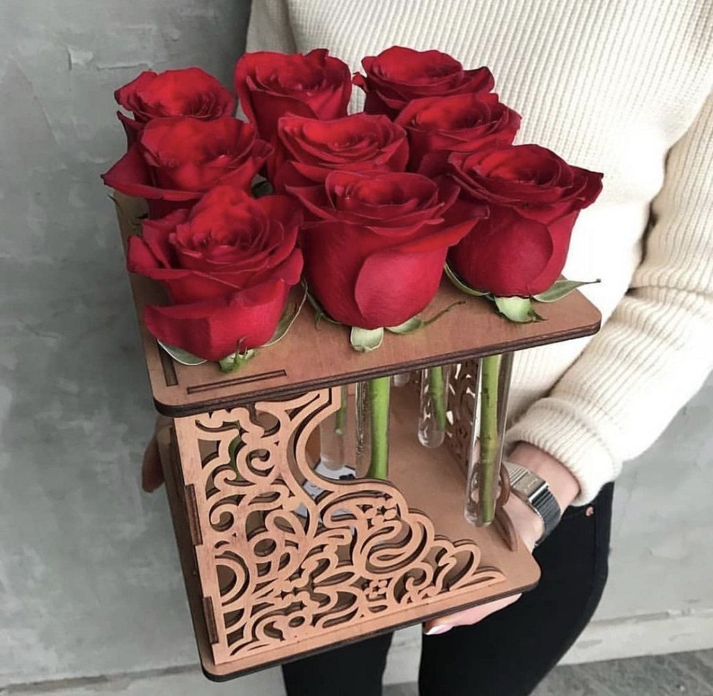 Laser Cut Test Tube Flower Vase Wooden Stand