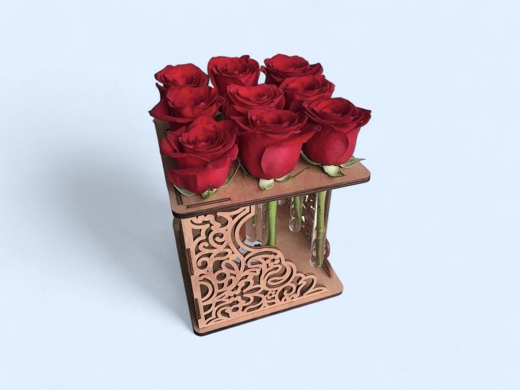 Laser Cut Test Tube Flower Vase Wooden Stand