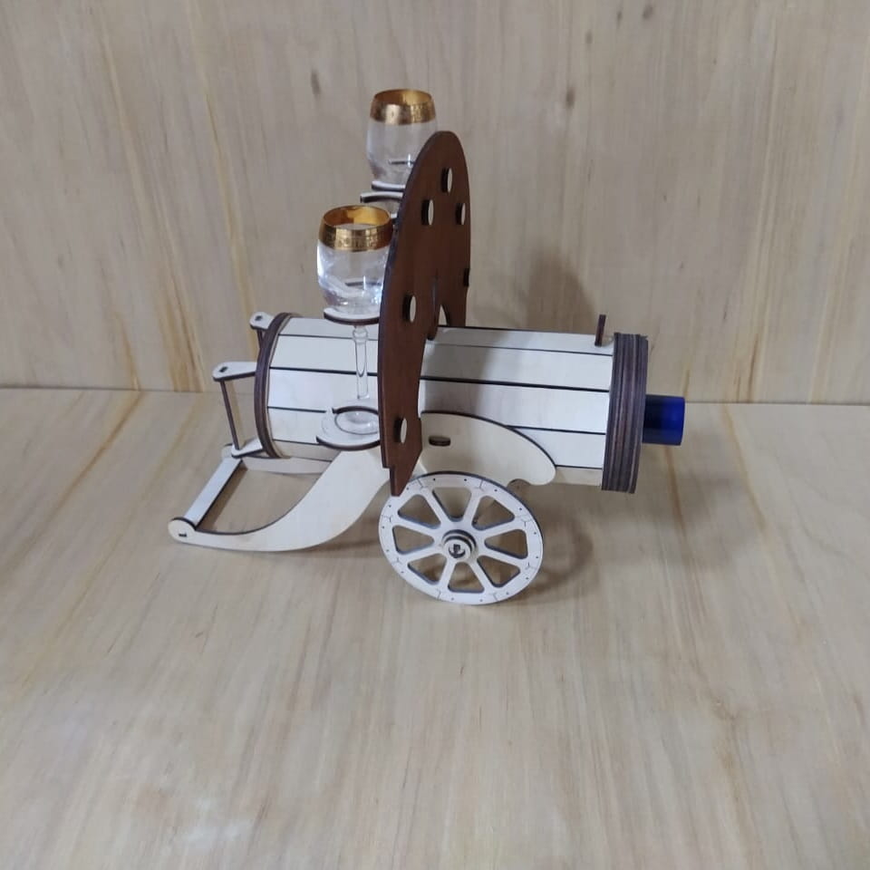 Laser Cut Cannon Wine Bottle and Glass Holder