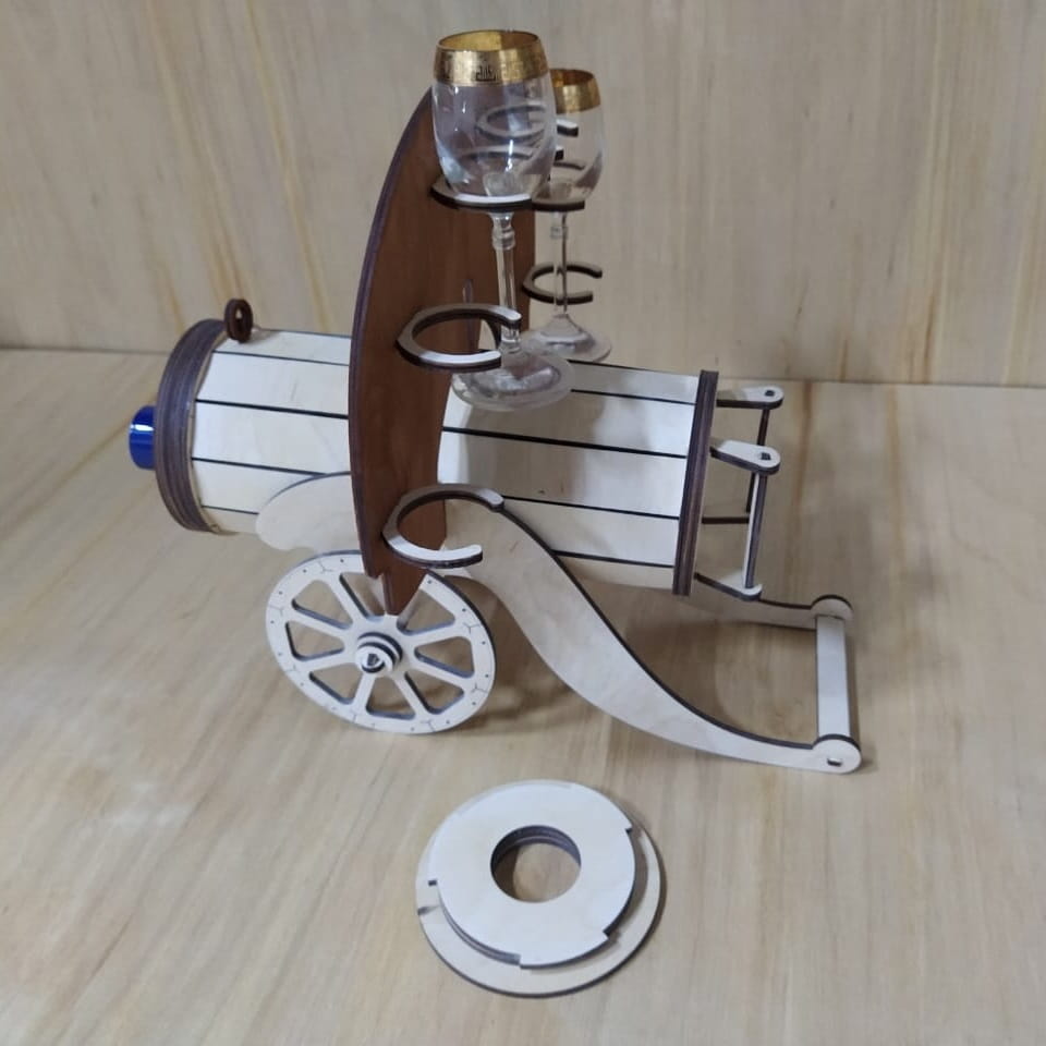 Laser Cut Cannon Wine Bottle and Glass Holder
