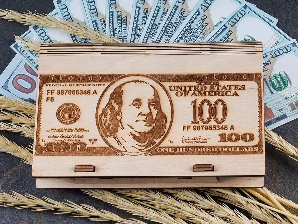 Laser Cut Wooden Cash Box with Lock Dollar Bill