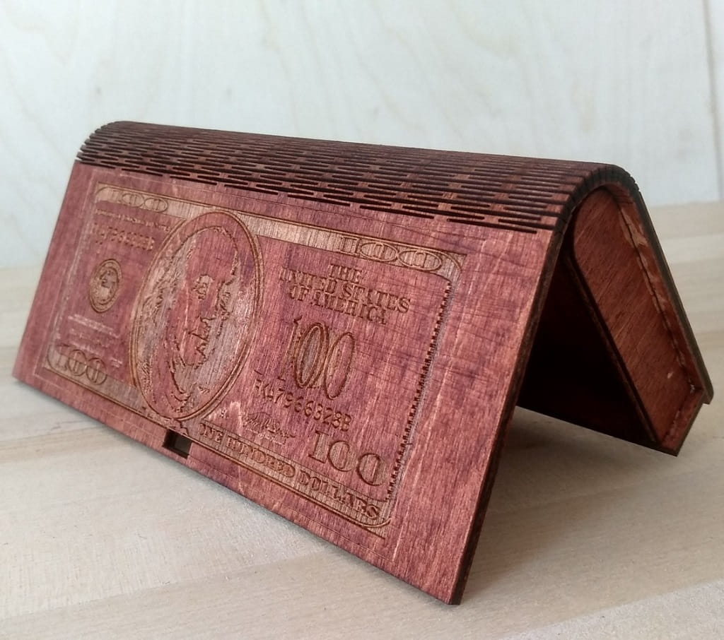 Laser Cut Wooden Cash Box with Lock Dollar Bill