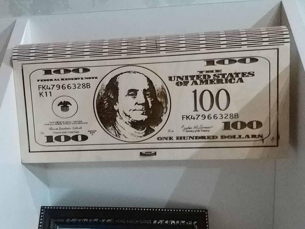 Laser Cut Wooden Cash Box with Lock Dollar Bill