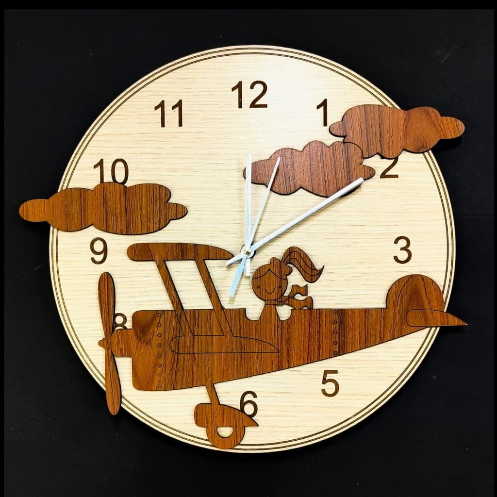 Laser Cut Airplane Wall Clock for Kids Room