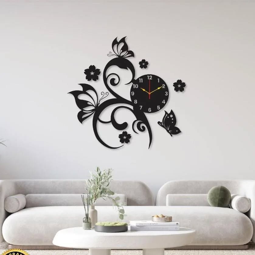 Laser Cut Elegant Butterfly with Flowers Wall Clock