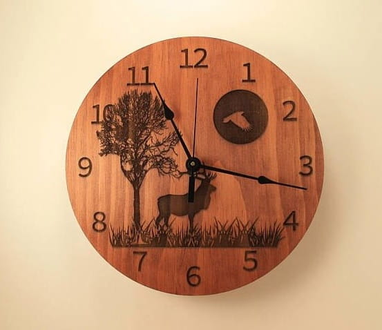 Laser Cut Reindeer Tree Scenery Wooden Engraved Wall Clock