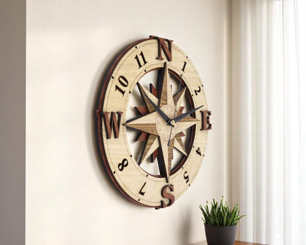 Laser Cut Wooden Compass Wall Clock