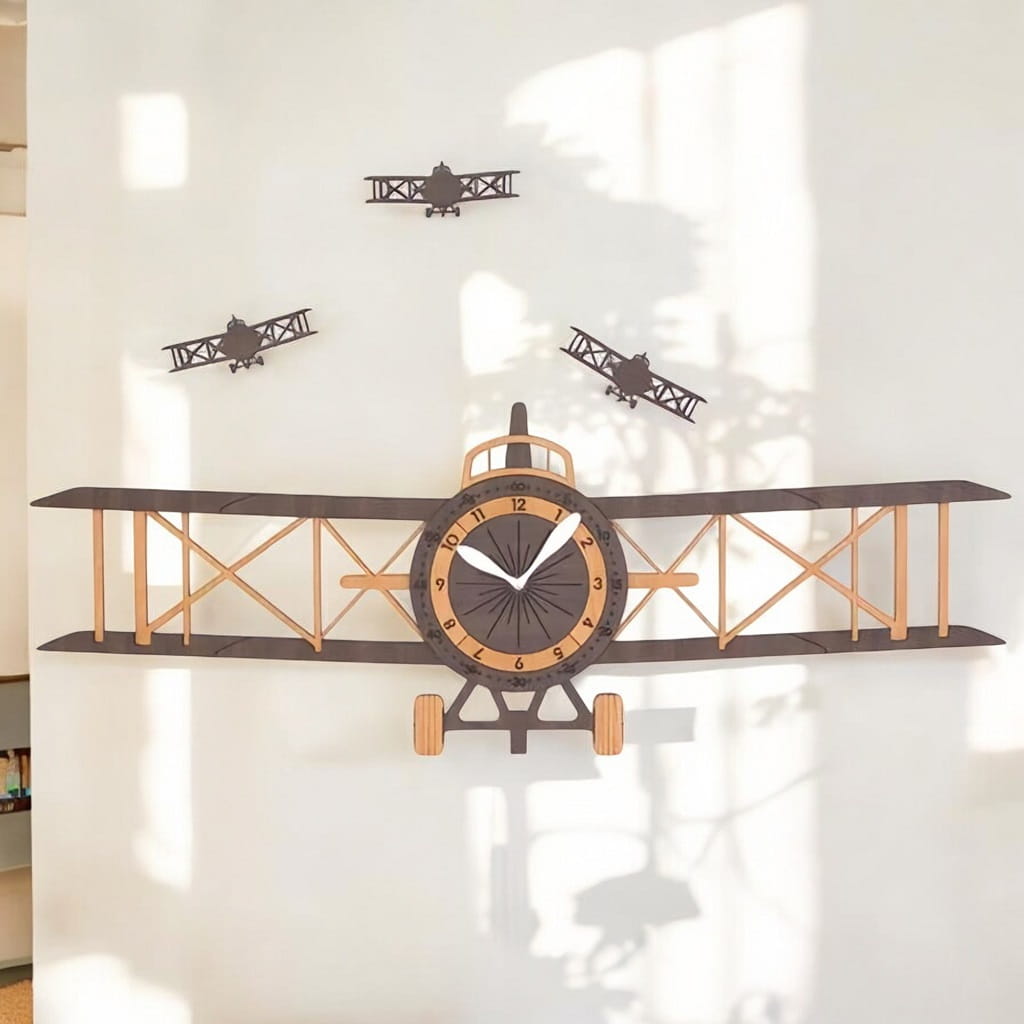 Laser Cut Airplane Wall Clock for Kids Room Decor
