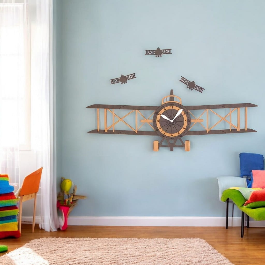 Laser Cut Airplane Wall Clock for Kids Room Decor