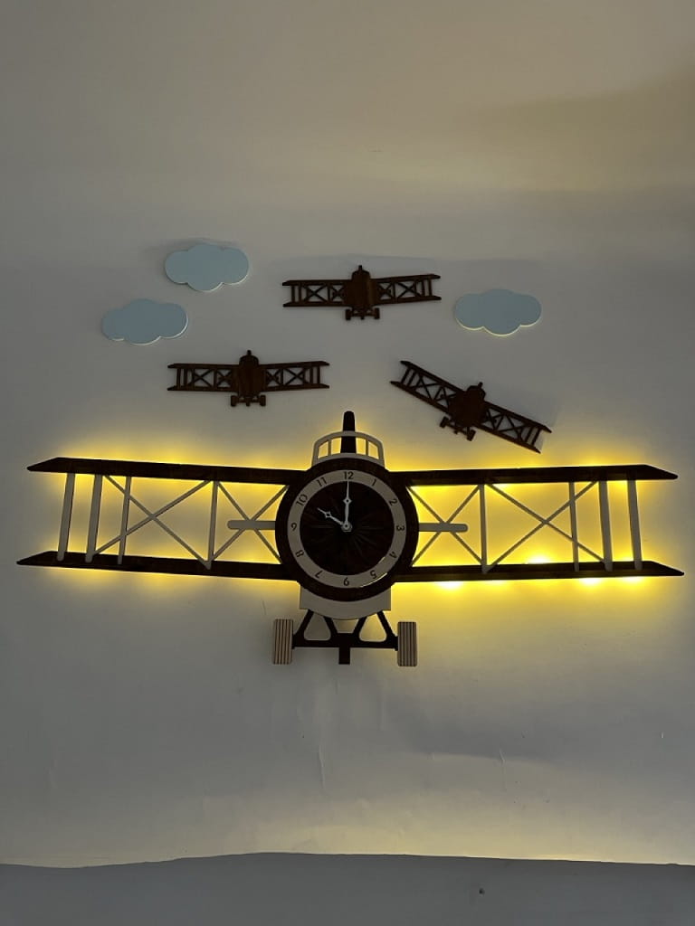 Laser Cut Airplane Wall Clock for Kids Room Decor