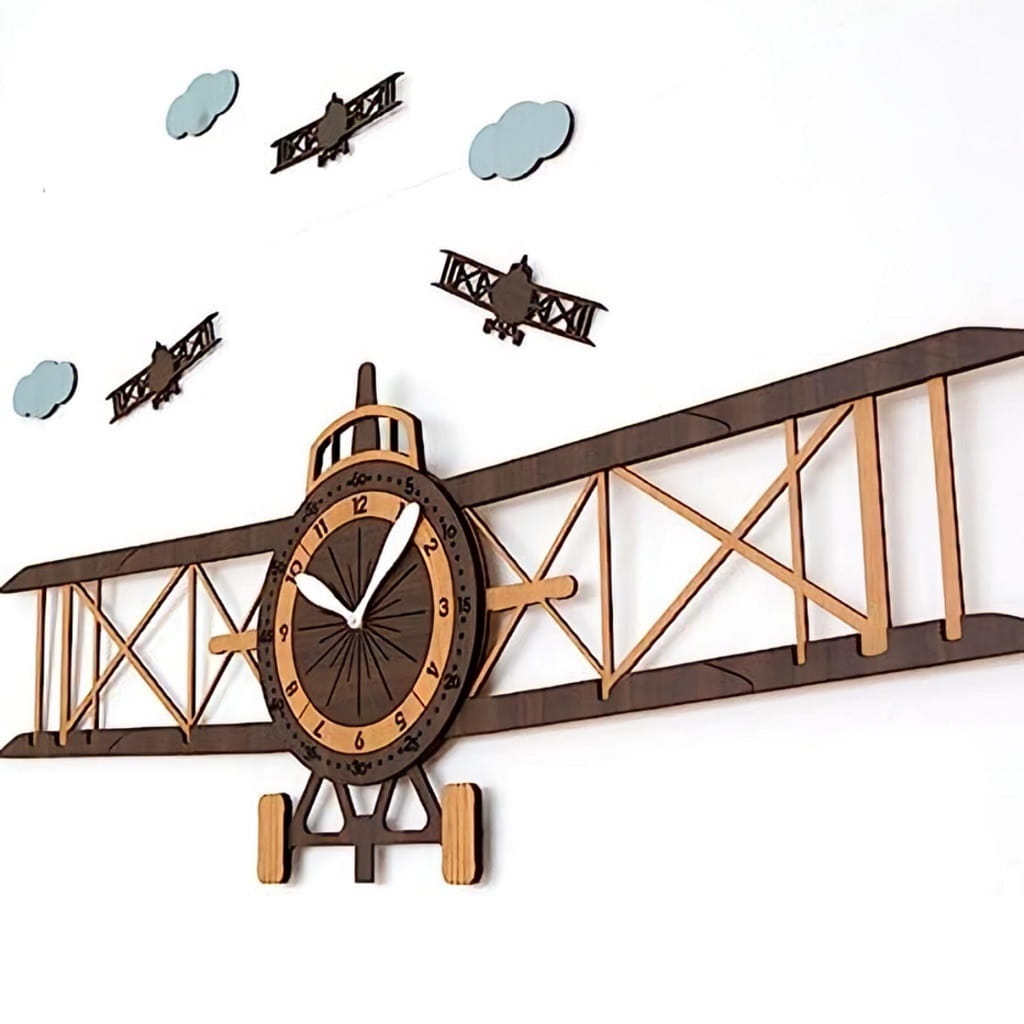 Laser Cut Airplane Wall Clock for Kids Room Decor