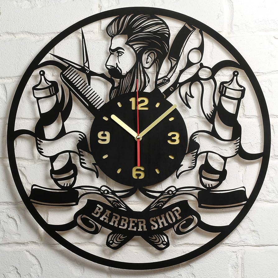 Laser Cut Barbershop Wall Clock with Barber Signs
