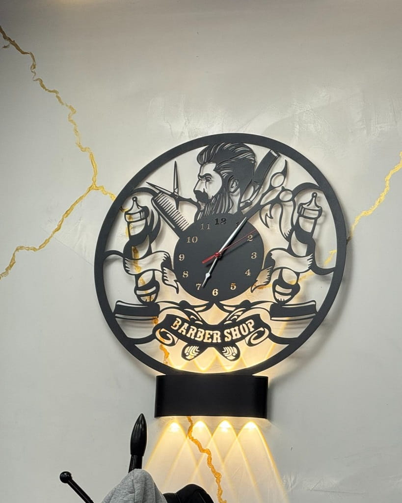 Laser Cut Barbershop Wall Clock with Barber Signs