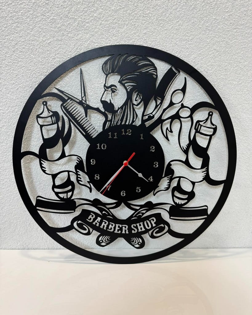 Laser Cut Barbershop Wall Clock with Barber Signs