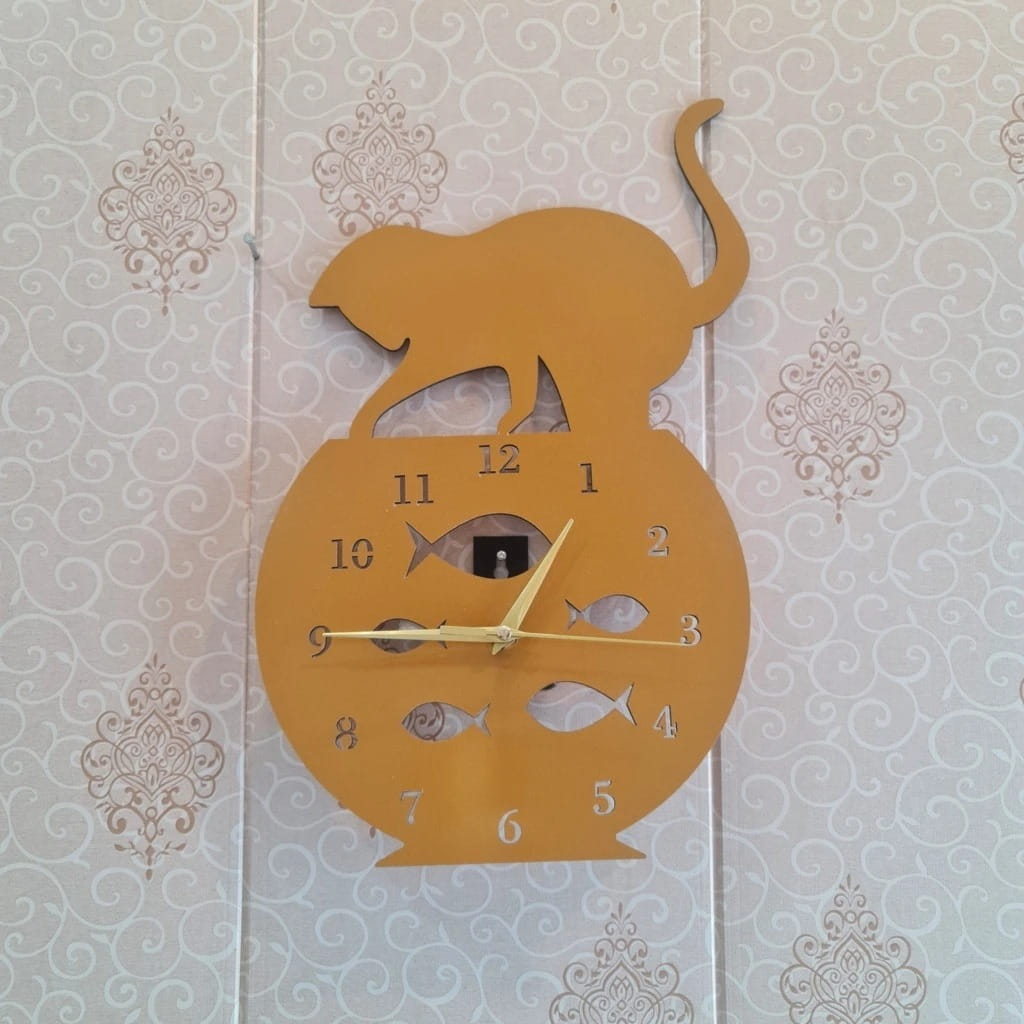 Laser Cut Fish Bowl and Cat Wall Clock for Home Decor