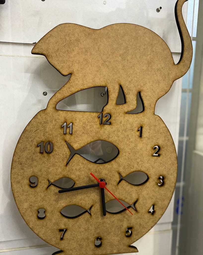 Laser Cut Fish Bowl and Cat Wall Clock for Home Decor