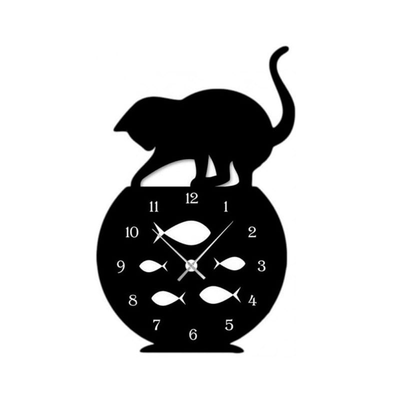 Laser Cut Fish Bowl and Cat Wall Clock for Home Decor