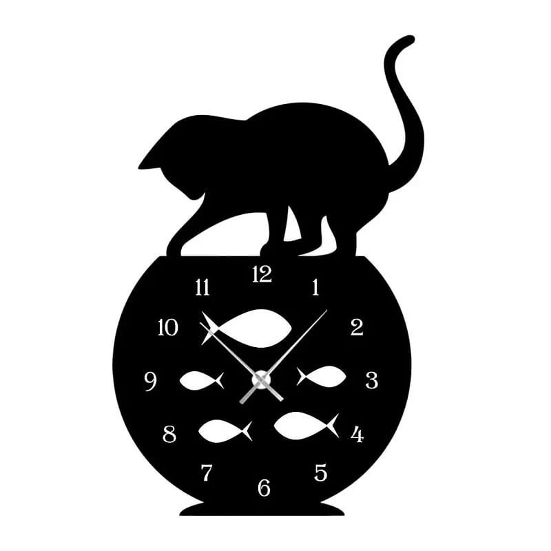 Laser Cut Fish Bowl and Cat Wall Clock for Home Decor