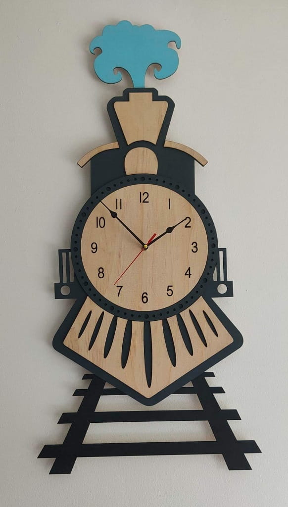 Laser Cut Wooden Train Wall Clock for Kids Room Decor