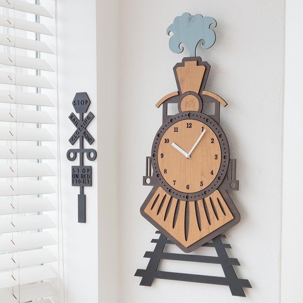 Laser Cut Wooden Train Wall Clock for Kids Room Decor