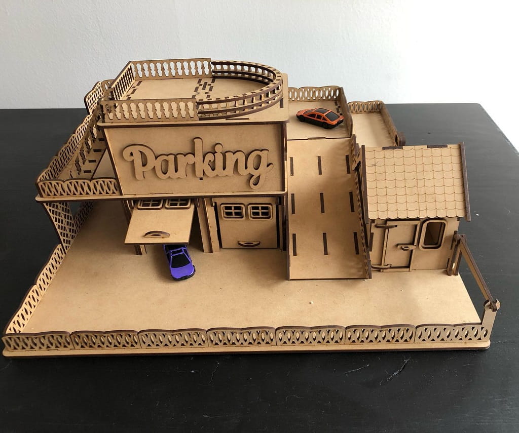 Laser Cut Wooden Toy Garage with Helicopter Deck