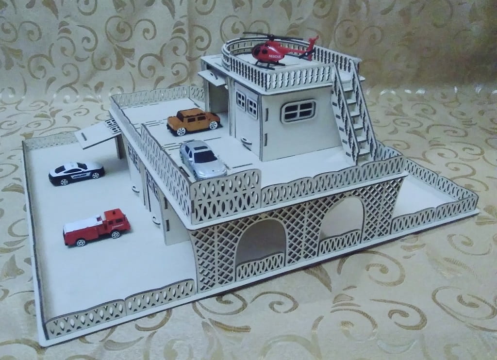 Laser Cut Wooden Toy Garage with Helicopter Deck
