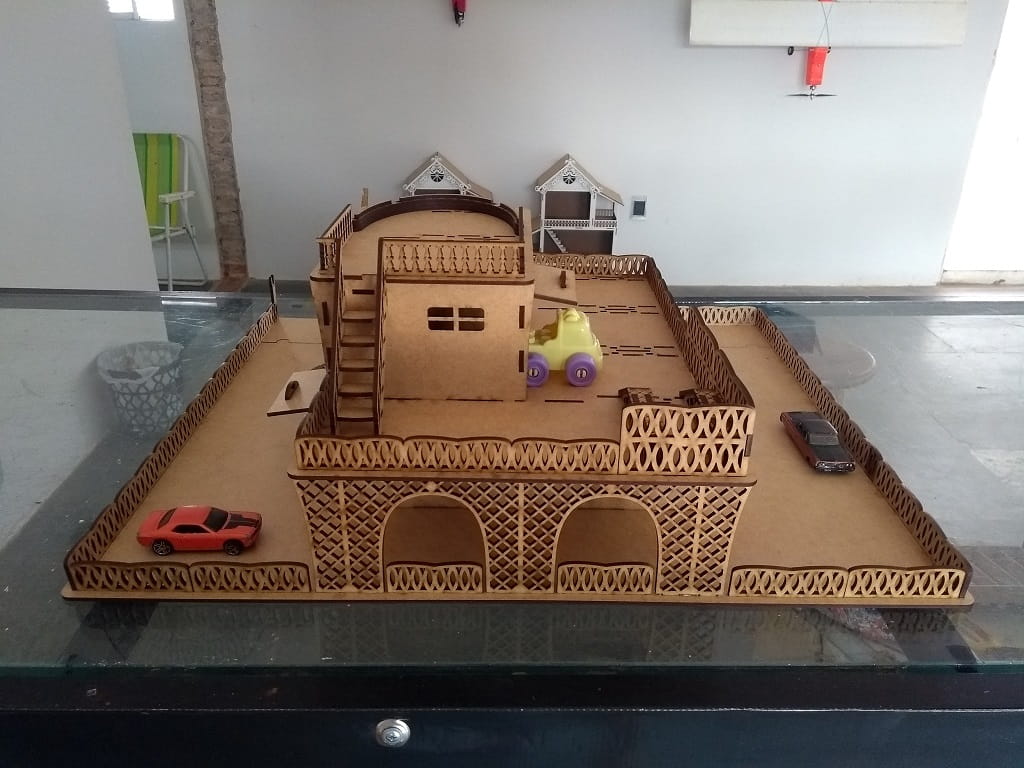 Laser Cut Wooden Toy Garage with Helicopter Deck