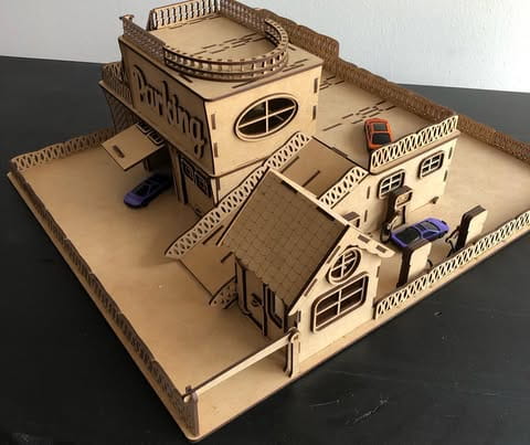 Laser Cut Wooden Toy Garage with Helicopter Deck