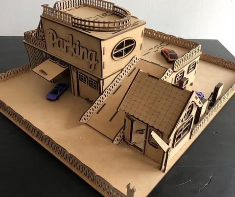 Laser Cut Wooden Toy Garage with Helicopter Deck