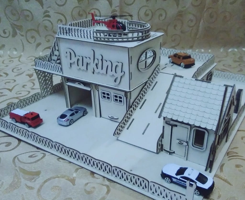 Laser Cut Wooden Toy Garage with Helicopter Deck