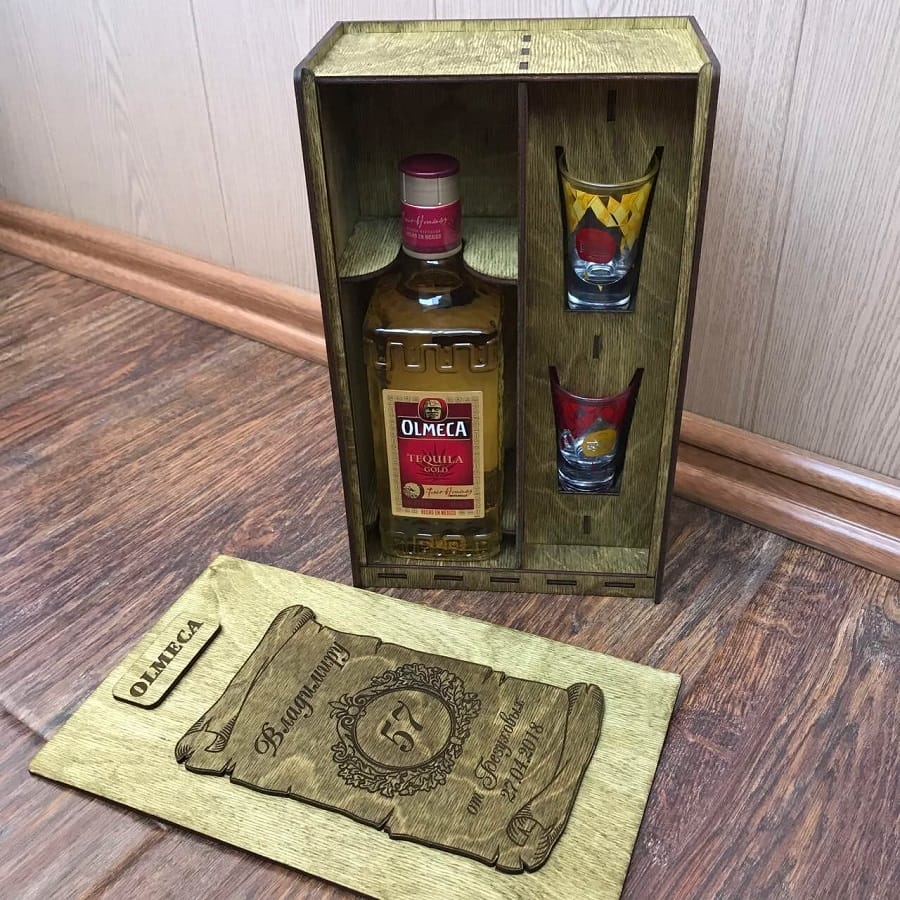 Laser Cut Olmeca Tequila Bottle and Glass Gift Packaging Box