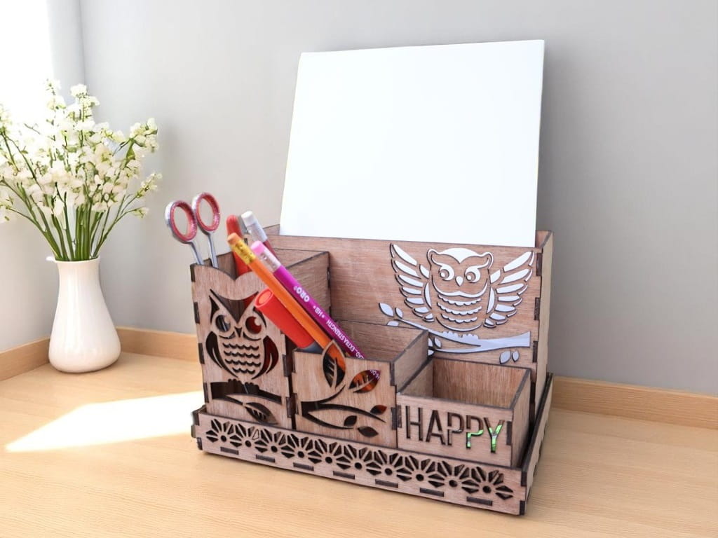 Laser Cut Wooden Owl Desk Organiser